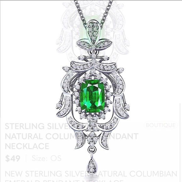 Sterling Silver Natural Emerald Columbian Pendant Necklace - Picture 3 of 4